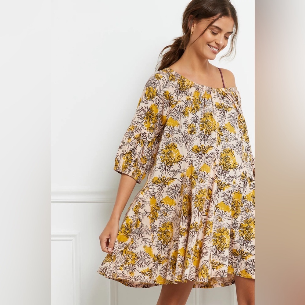 Daily Practice Floral Off-Shoulder Dress in Yellow and Cream